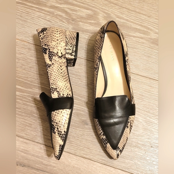 Cole Haan Skimmer Flat | Block Heel | Snake Embossed | Leather Black Apron |Sz 6 - Picture 1 of 8